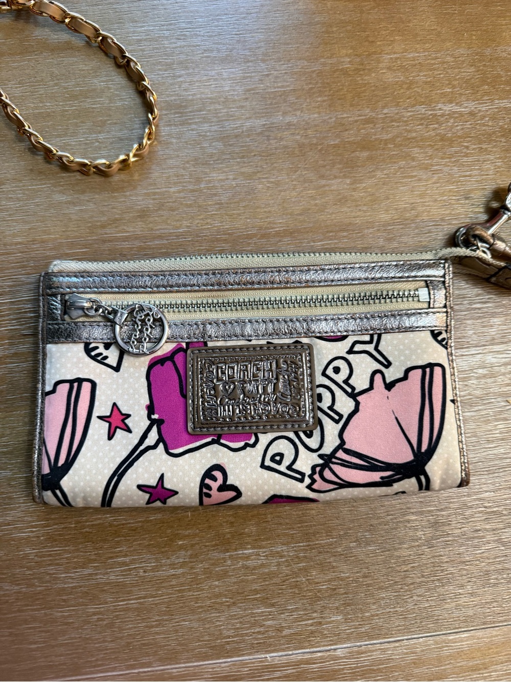 Coach poppy Pink and Cream Floral Zip Wristlet with Metallic Trim